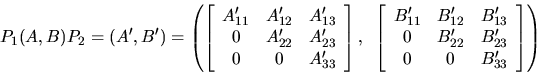 \begin{displaymath}P_1(A,B)P_2 = (A^\prime,B^\prime) = \left(
\left[
\begin{ar...
... \\
0 & 0 & B^\prime_{33} \\
\end{array} \right]
\right)
\end{displaymath}