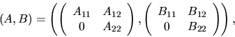\begin{displaymath}
(A, B) = \left(
\left( \begin{array}{cc} A_{11} & A_{12} \\ ...
...} B_{11} & B_{12} \\ 0 & B_{22} \end{array} \right)
\right) ,
\end{displaymath}