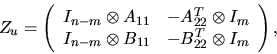 \begin{displaymath}
Z_u = \left( \begin{array}{cc} I_{n-m} \otimes A_{11} & -A_{...
...\otimes B_{11} & -B_{22}^T \otimes I_{m} \end{array} \right) ,
\end{displaymath}