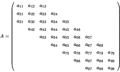\begin{displaymath}
A = \left( \begin{array}{rrrrrrrrr}
a_{11} & a_{12} & a_{13...
...\\
& & & & & & a_{97} & a_{98} & a_{99}
\end{array} \right)
\end{displaymath}