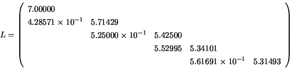 \begin{displaymath}
L = \left( \begin{array}{lllll}
7.00000 \\
4.28571 \time...
...
& & & 5.61691 \times 10^{-1} & 5.31493
\end{array} \right)
\end{displaymath}