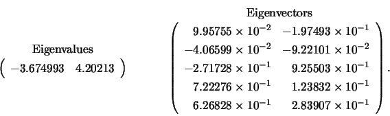 \begin{displaymath}
\begin{array}{c} \mbox{Eigenvalues} \\
\left( \begin{array...
...{-1} & 2.83907 \times 10^{-1}
\end{array} \right). \end{array}\end{displaymath}