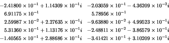 \begin{displaymath}
\left. \begin{array}{ll}
-2.41800 \times 10^{-1} + 1.14309 \...
...\times 10^{-1} + 3.10209 \times 10^{-1}i
\end{array} \right.
\end{displaymath}