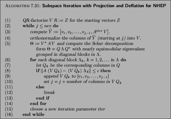 \begin{figure}\begin{algorithm}{Subspace Iteration with Projection and Deflation...
...\ \\
{\rm (16)}\> \> {\bf end while}
\end{tabbing}}
\end{algorithm}\end{figure}