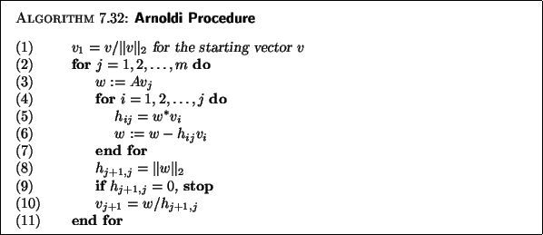 \begin{algorithm}{Arnoldi Procedure
}
{
\begin{tabbing}
(nr)ss\=ijkl\=bbb\=ccc\...
... h_{j+1,j} $\ \\
{\rm (11)} \> \> {\bf end for}
\end{tabbing}}
\end{algorithm}