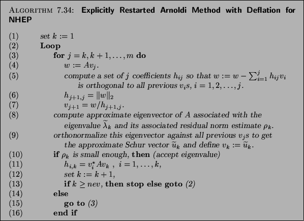 \begin{algorithm}{Explicitly Restarted Arnoldi Method with
Deflation for NHEP
}...
...o to} (3) \\
{\rm (16)} \> \> \> {\bf end if}
\end{tabbing}
}
\end{algorithm}