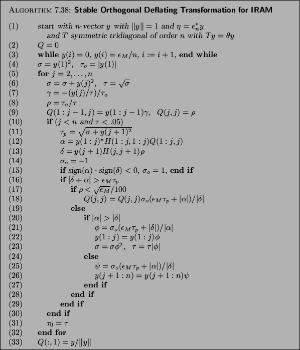 \begin{algorithm}
{Stable Orthogonal Deflating Transformation for IRAM
}
{
\beg...
...for} \\
{\rm (33)} \> $Q(:,1) = y/\Vert y \Vert $\end{tabbing}}
\end{algorithm}