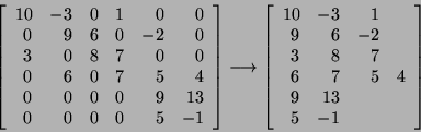 \begin{displaymath}
\left[\begin{array}{rrrrrr}
10 & -3 & 0 & 1 & 0 & 0 \\
0 ...
...\\
6 & 7 & 5 & 4 \\
9 & 13 \\
5 & -1
\end{array}\right]
\end{displaymath}