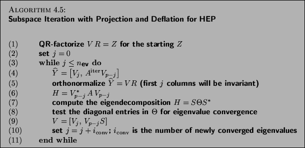 \begin{algorithm}{Subspace Iteration with Projection and Deflation for HEP
\inde...
...igenvalues \\
{\rm (11)} \> \> {\bf end while}
\end{tabbing}}
\end{algorithm}