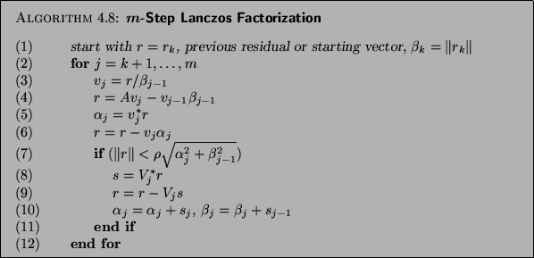 \begin{figure}\begin{algorithm}{$m$-Step Lanczos Factorization}
{
\begin{tabbi...
... if}\\
{\rm (12)} \> \>{\bf end for}
\end{tabbing}}
\end{algorithm}\end{figure}
